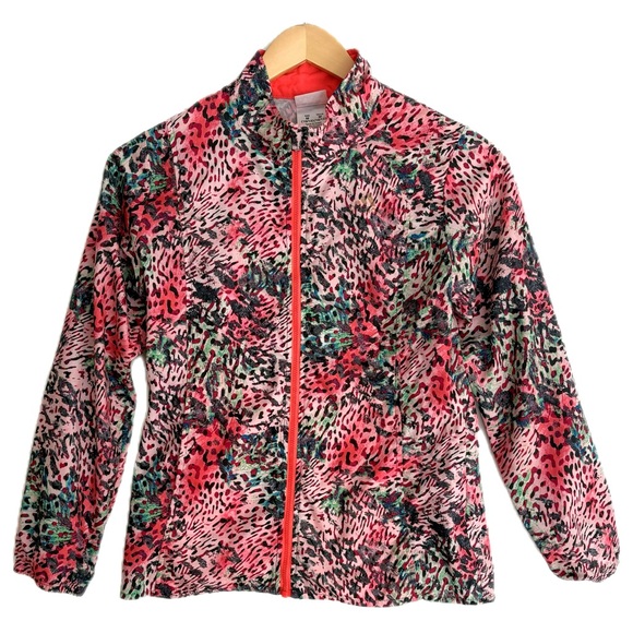 Adidas Leopard Print Zip Jacket Kids Girls Size M 10/12 Neon Pink Windbreaker - Picture 1 of 8